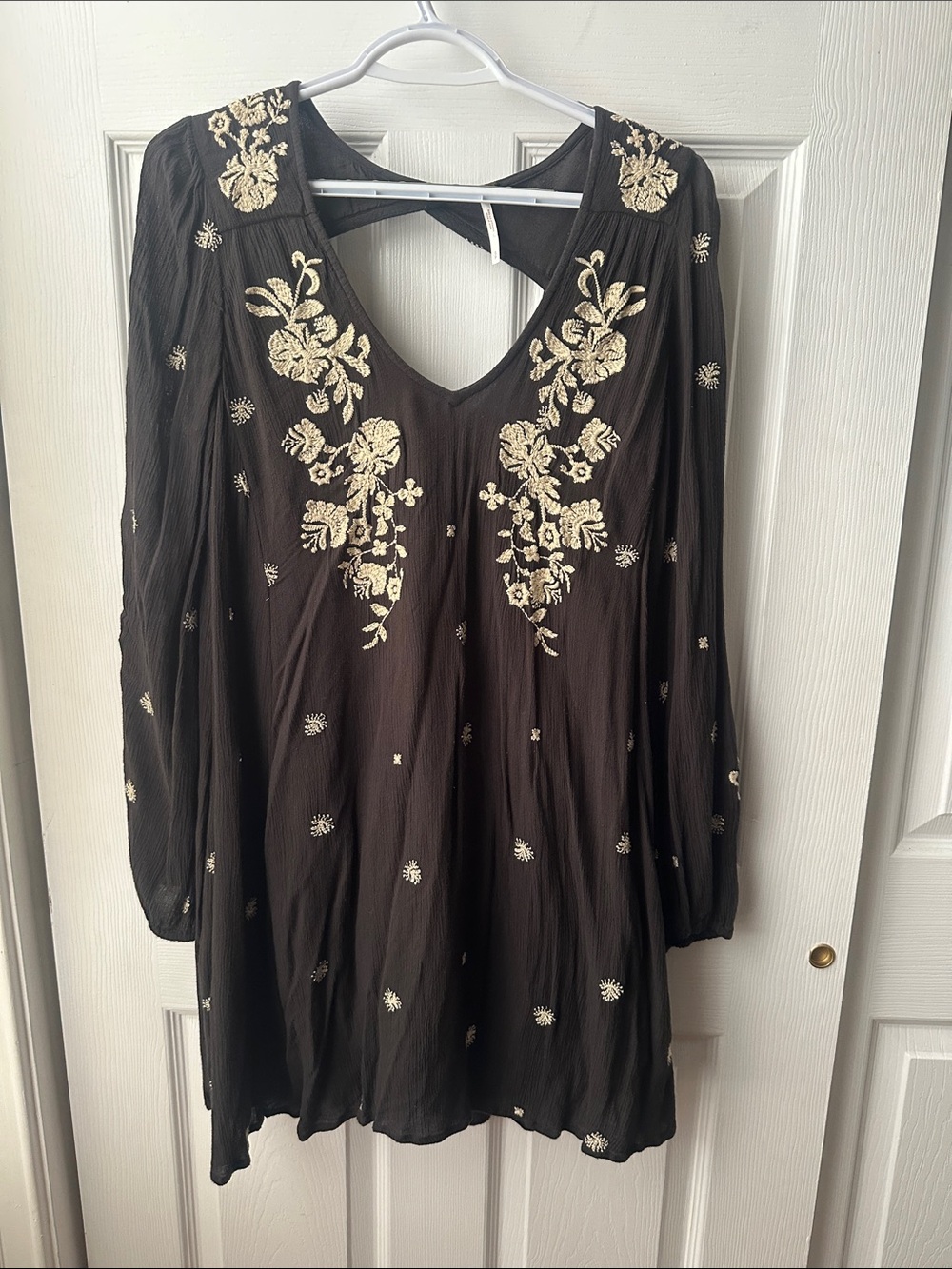 Free People Black Long-Sleeve Dress with Cream Floral Embroidery